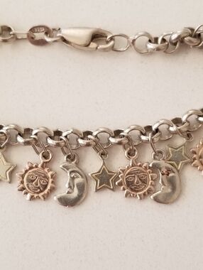 Sterling Silver Sun Moon Star Charms Bracelet
